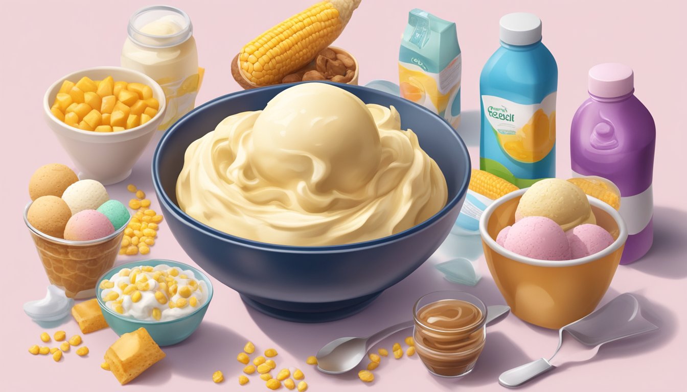 A bowl of low-fat ice cream with corn syrup solids sits on a table, surrounded by other low-fat foods containing unhealthy ingredients