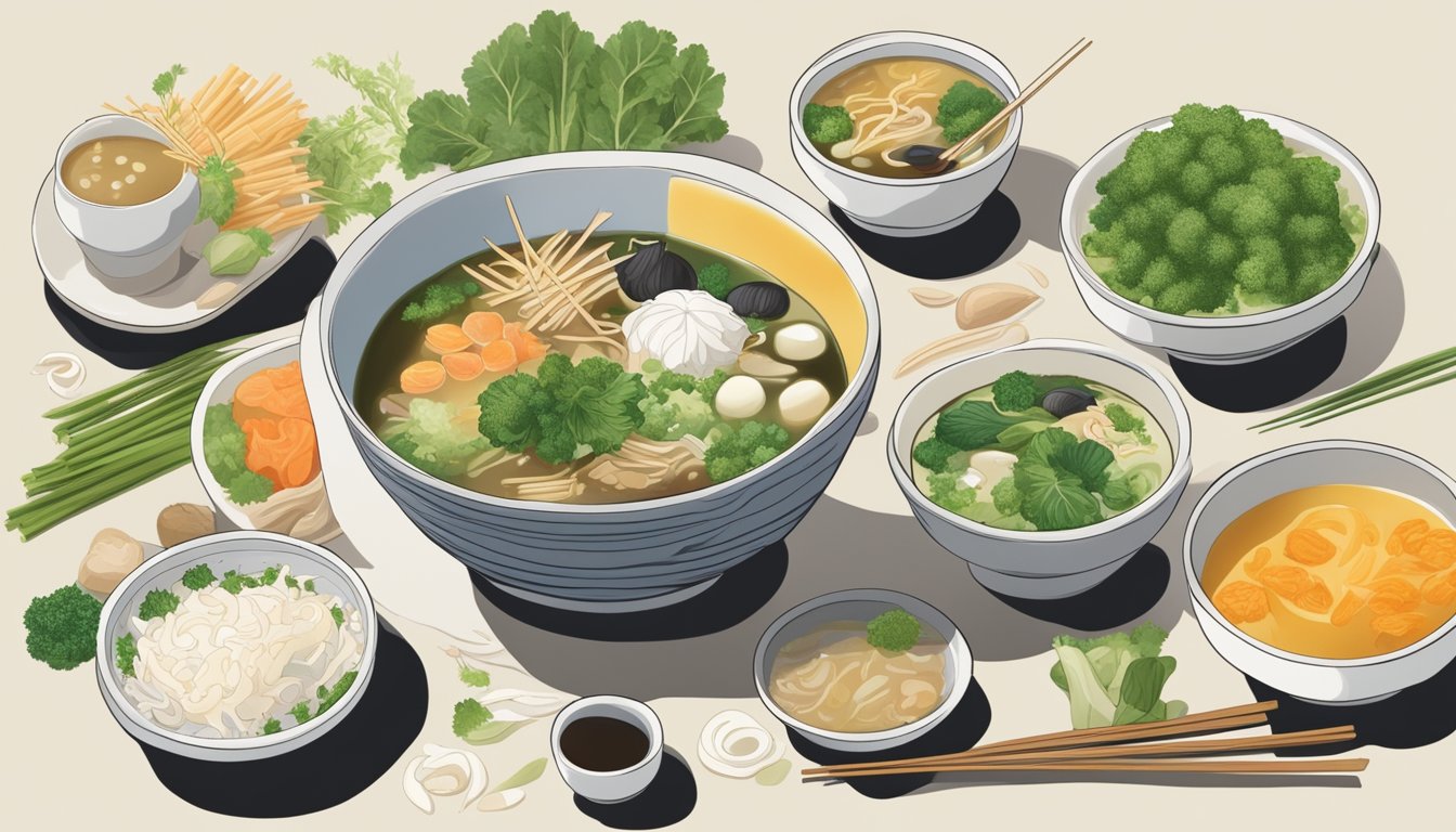 A steaming bowl of miso soup surrounded by various probiotic-rich foods