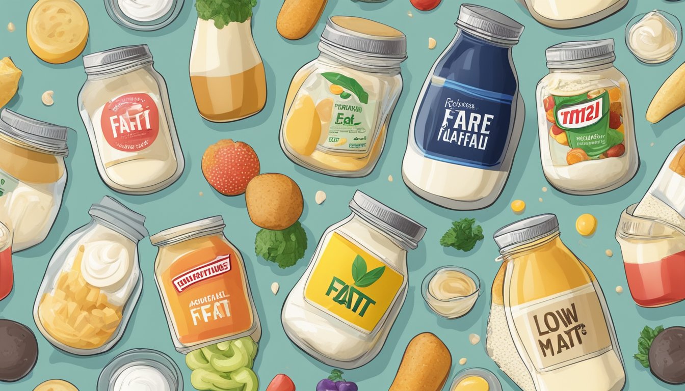 A jar of light mayo surrounded by processed foods and unhealthy additives, with a prominent "low-fat" label