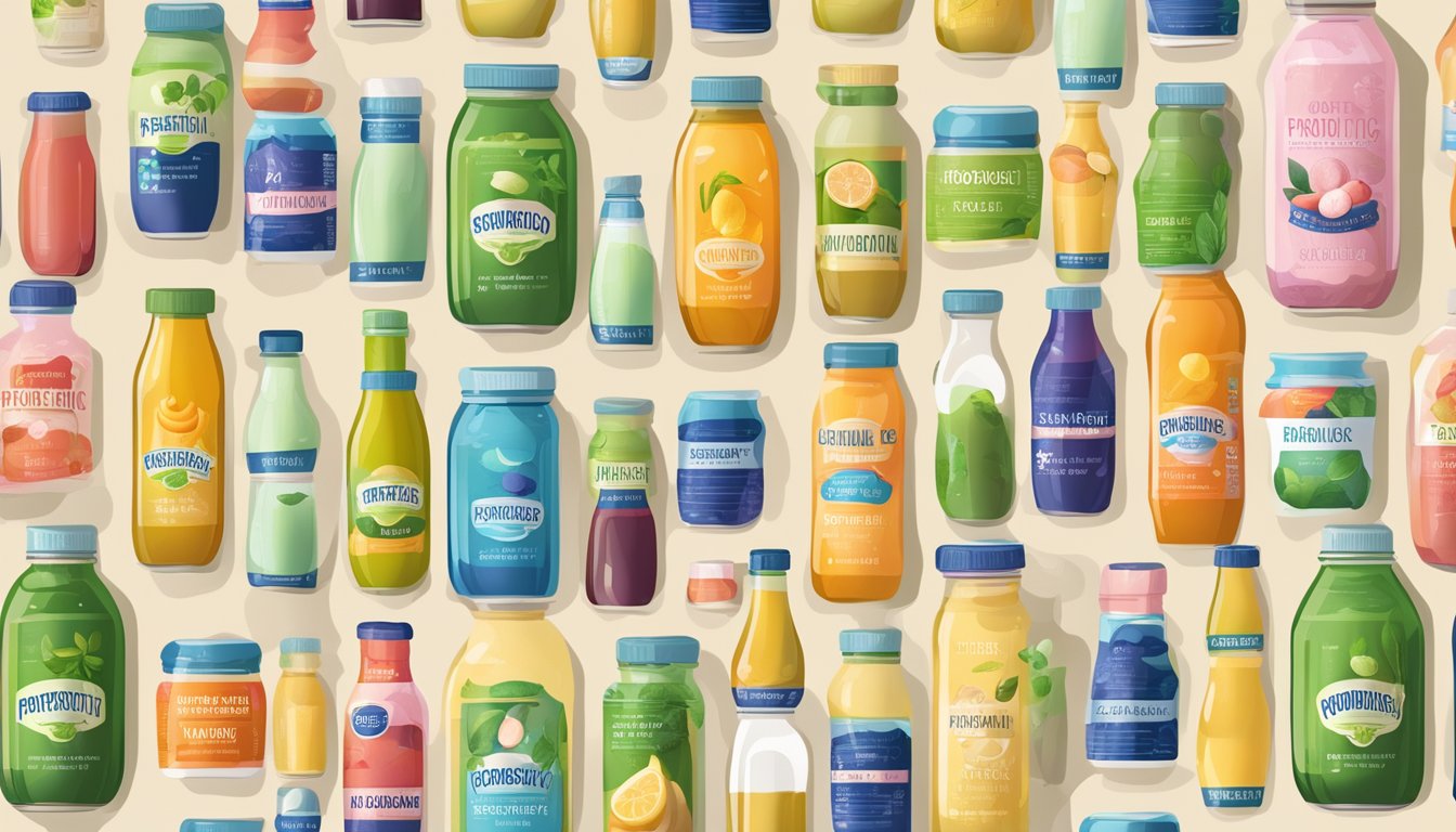 A variety of bottled probiotic drinks surrounded by six popular probiotic foods, all arranged in an eye-catching display