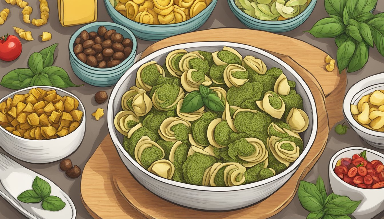 A bowl of Amy's Organic Vegan Pesto Tortellini surrounded by other processed vegan foods