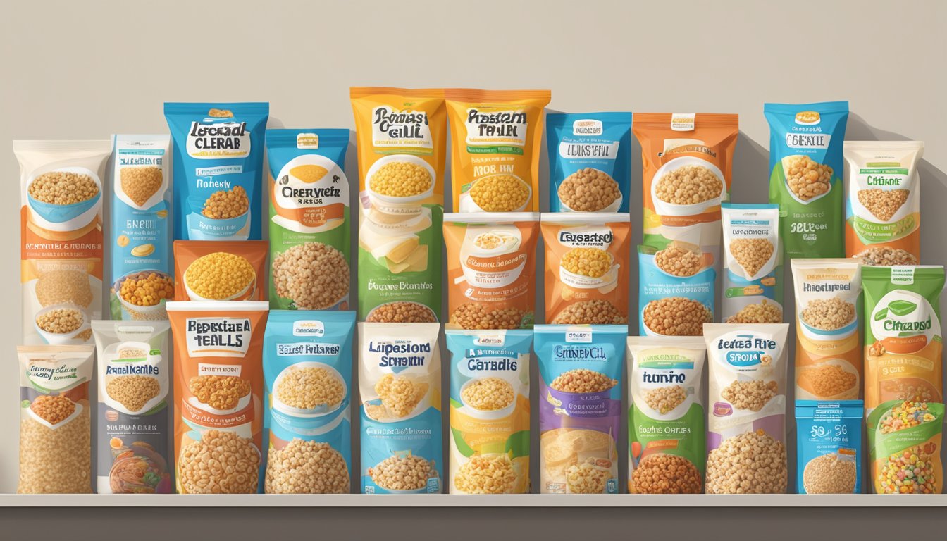 A bowl of low-fat breakfast cereal with sugar sitting next to a lineup of 14 low-fat food packages, each displaying unhealthy ingredients