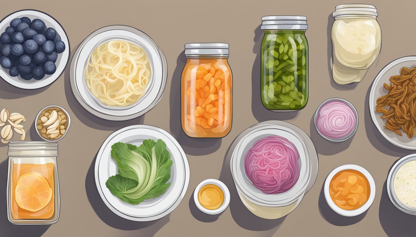 A variety of popular probiotic foods arranged on a table, including yogurt, kombucha, kimchi, and sauerkraut