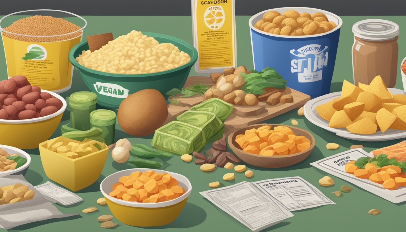 A table piled with vegan processed foods, surrounded by caution signs and a disapproving nutrition label