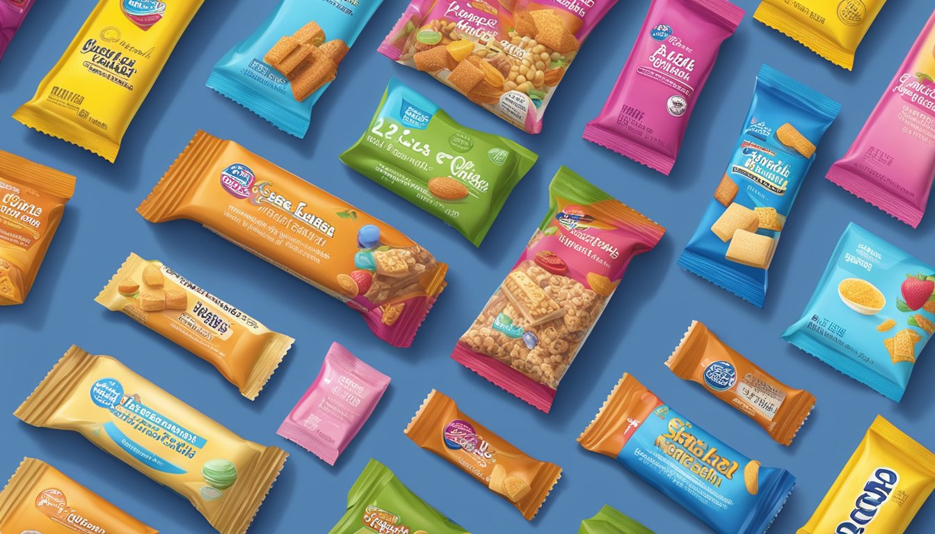 A colorful display of low-calorie snack bars with artificial flavors, surrounded by packaging featuring bold claims of being low-fat but high in unhealthy ingredients