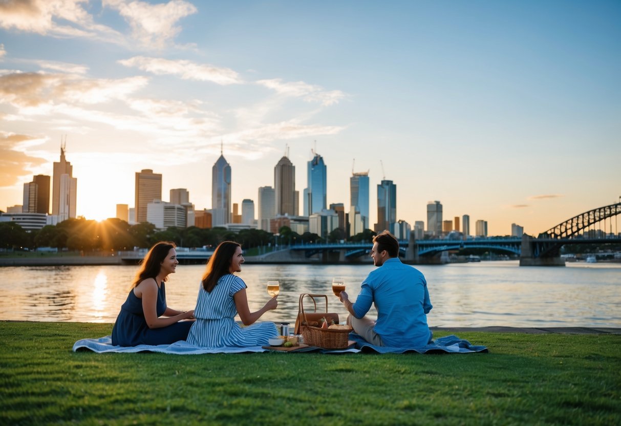 A couple picnicking by the Brisbane River at sunset, with the city skyline in the background