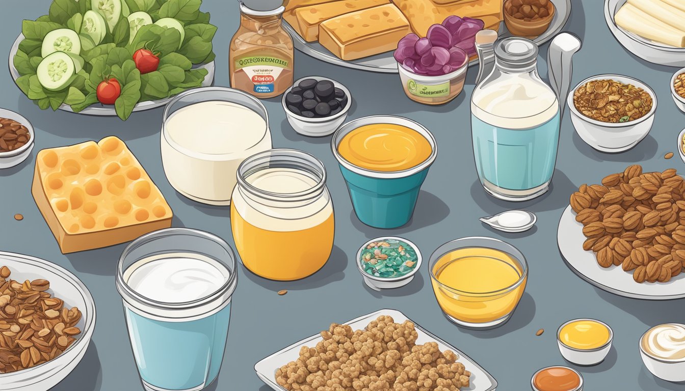 A table with a variety of low-fat food items, such as yogurt, granola bars, and salad dressings, alongside their unhealthy ingredients like added sugars and artificial preservatives