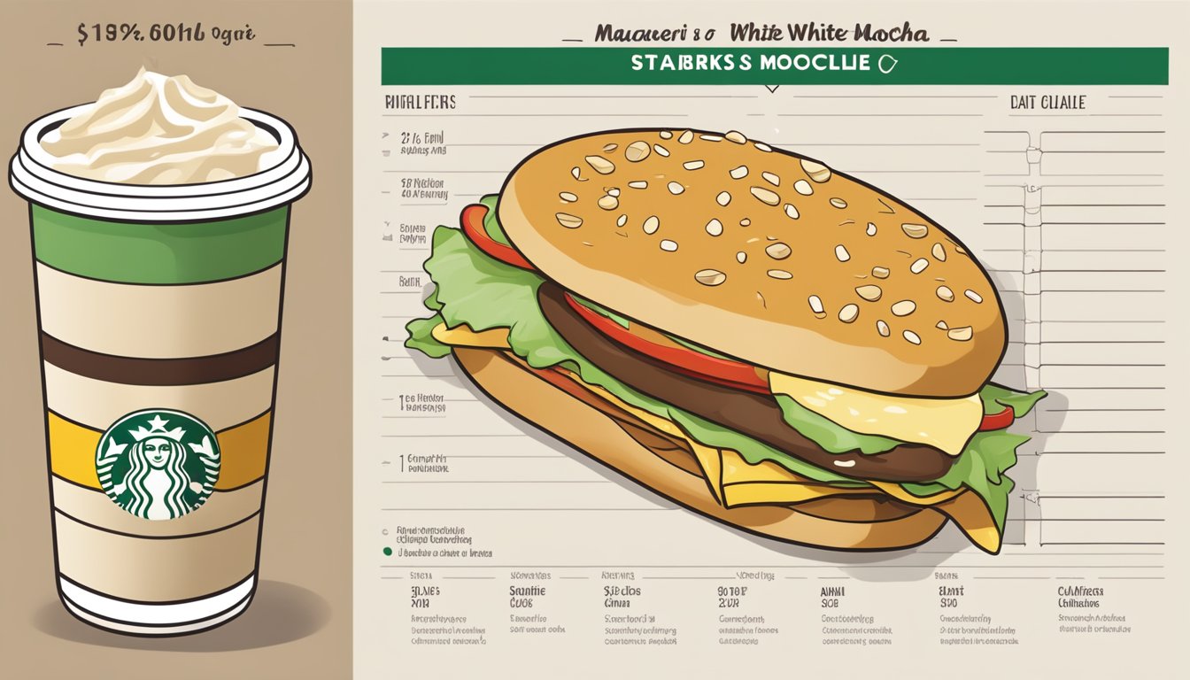 A steaming Starbucks White Chocolate Mocha sits next to a calorie comparison chart, with a cheeseburger on one side and the drink on the other