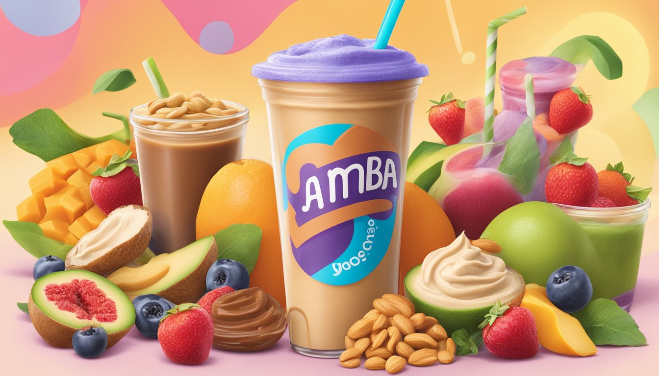 A colorful Jamba Juice Peanut Butter Moo'd smoothie surrounded by various high-calorie ingredients