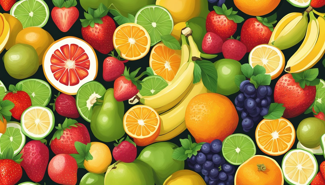 A colorful array of fruits, such as strawberries, oranges, and bananas, arranged in a vibrant and appealing manner