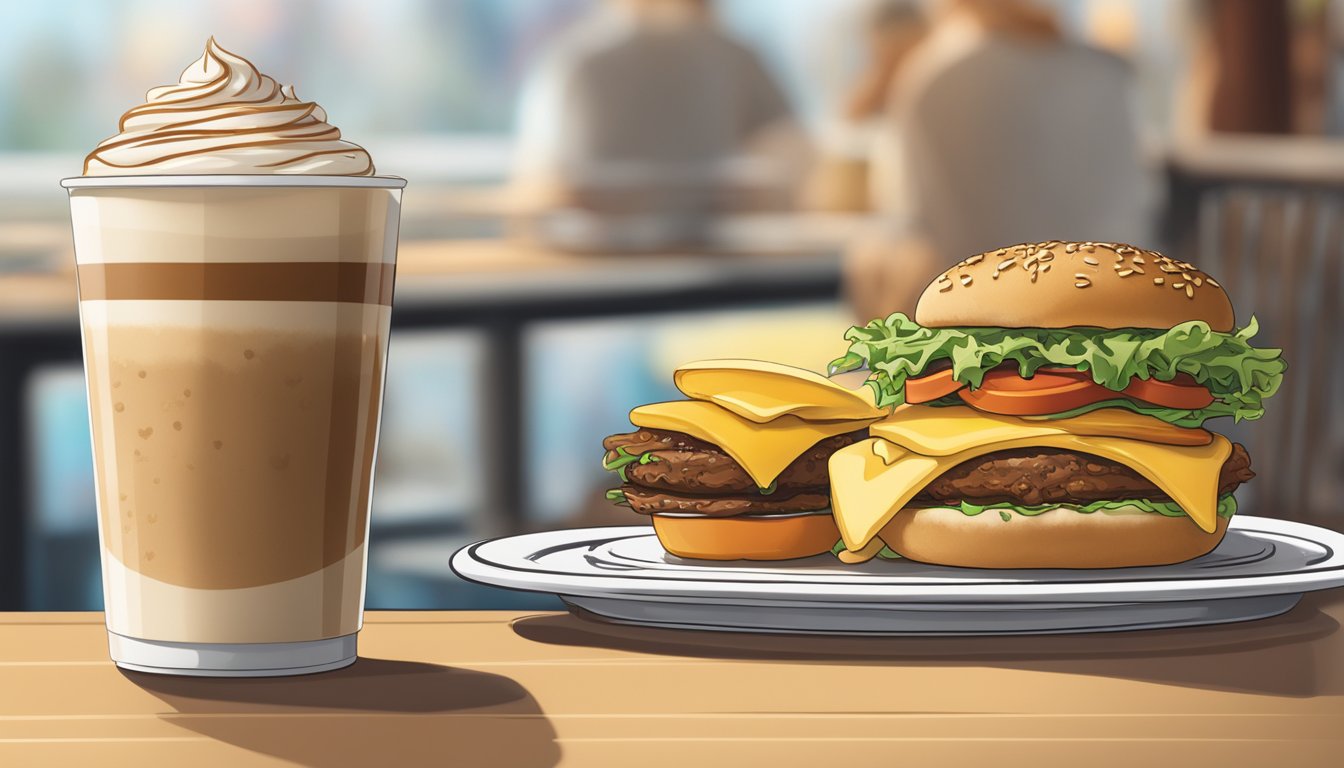 A steaming Butter Pecan Swirl Latte sits next to a calorie-packed drink list, with a cheeseburger in the background