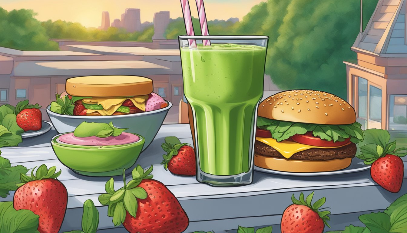 A towering Smoothie King "The Hulk" drink surrounded by strawberries, with a cheeseburger in the background, emphasizing the calorie difference