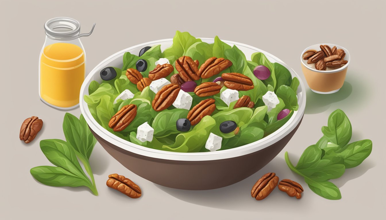 A bowl of fresh salad with vibrant green leaves topped with candied pecans and other calorie-rich toppings