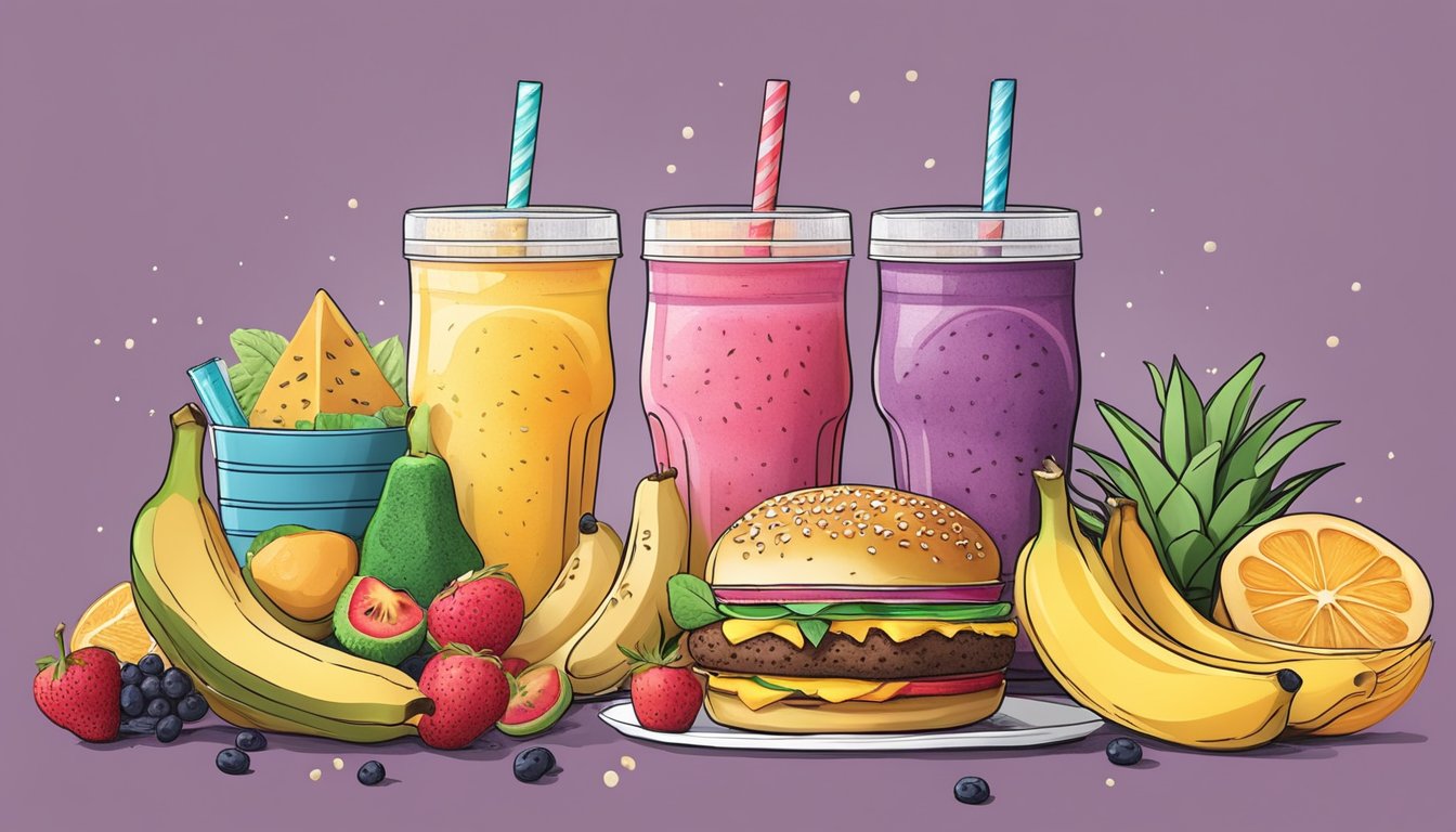 A colorful tropical smoothie overflowing with chia seeds, banana slices, and vibrant fruits, surrounded by a cheeseburger and a calorie counter