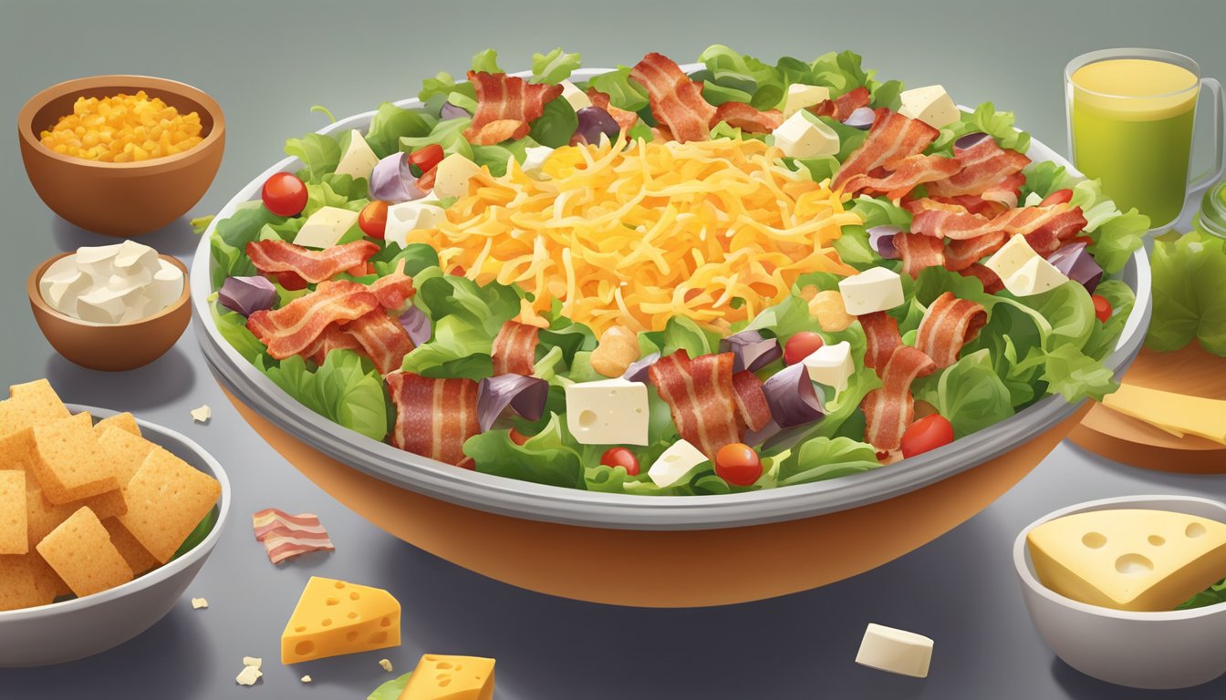 A colorful salad bowl overflowing with bacon bits, cheese, croutons, and other calorie-rich toppings