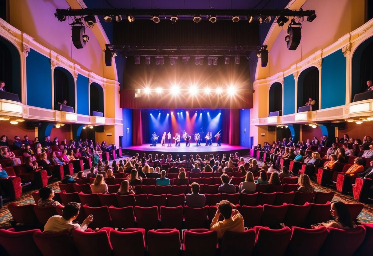 A colorful theater with a grand stage and rows of plush seats filled with audience members. Bright lights illuminate the stage as performers entertain the crowd