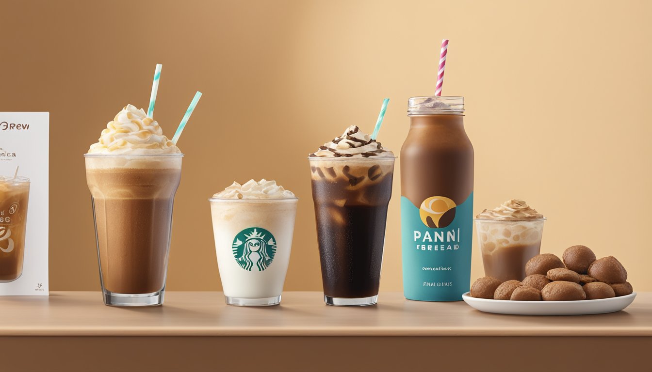 A tall Frozen Mocha Cold Brew sits on a table next to a calorie-packed drink menu at Panera Bread