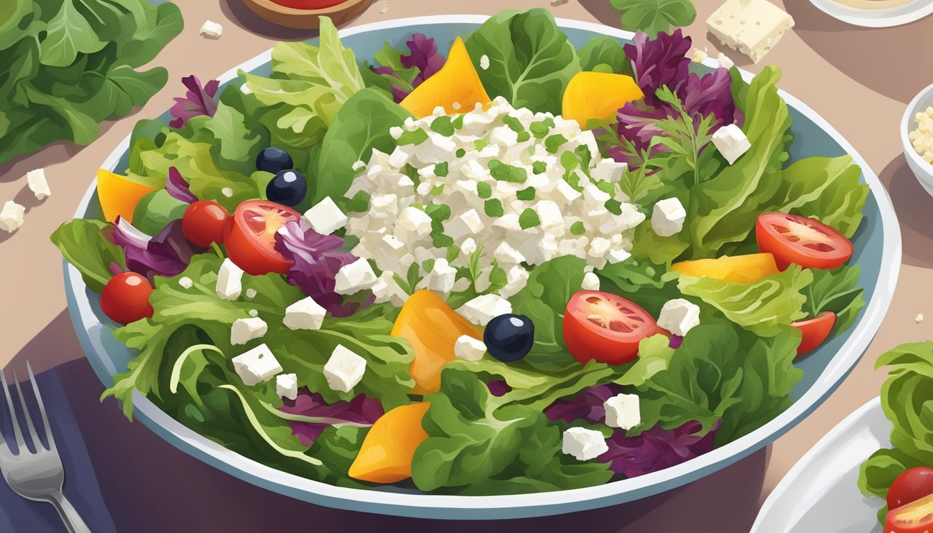 A colorful salad bowl overflowing with vibrant greens topped with a generous sprinkling of feta cheese crumbles, surrounded by various other calorie-rich toppings