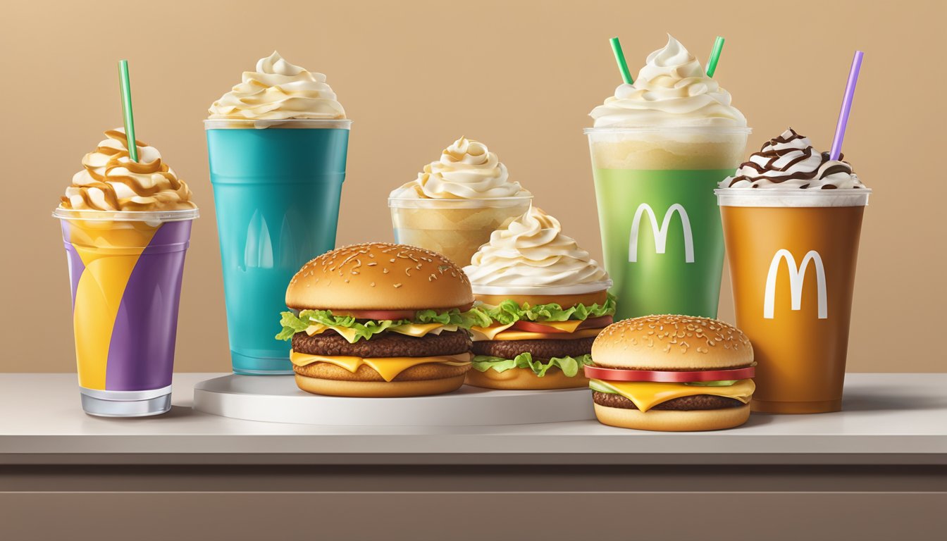 A McDonald's McCafé Caramel Frappé surrounded by high-calorie drinks and a cheeseburger