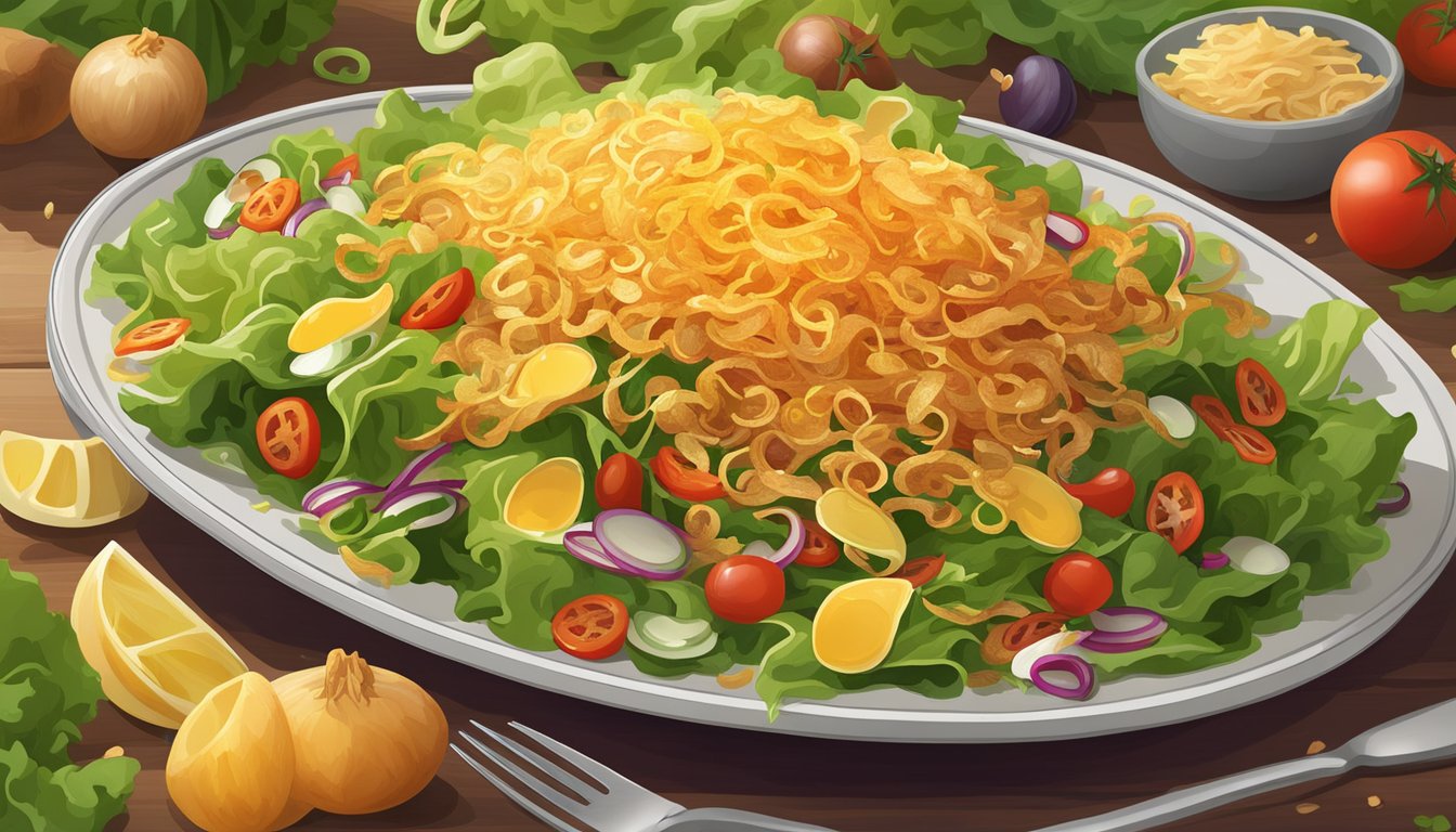 A pile of golden fried onions cascading over a bed of vibrant green salad leaves, surrounded by an assortment of colorful and indulgent toppings