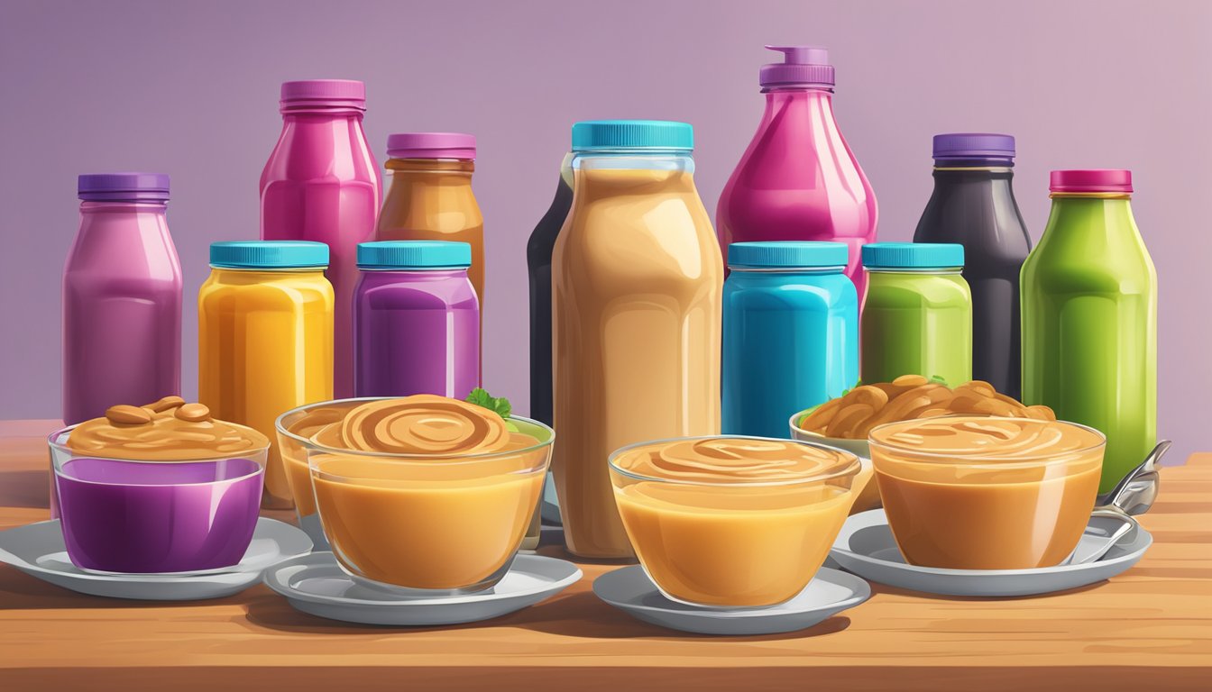 A colorful array of oversized peanut butter smoothies and juice bottles, arranged on a table with a cheeseburger in the background