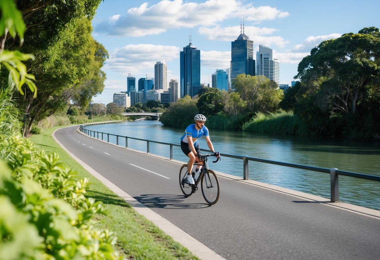 A cyclist rides along the River Loop in Brisbane, passing by lush greenery and the tranquil waters of the river