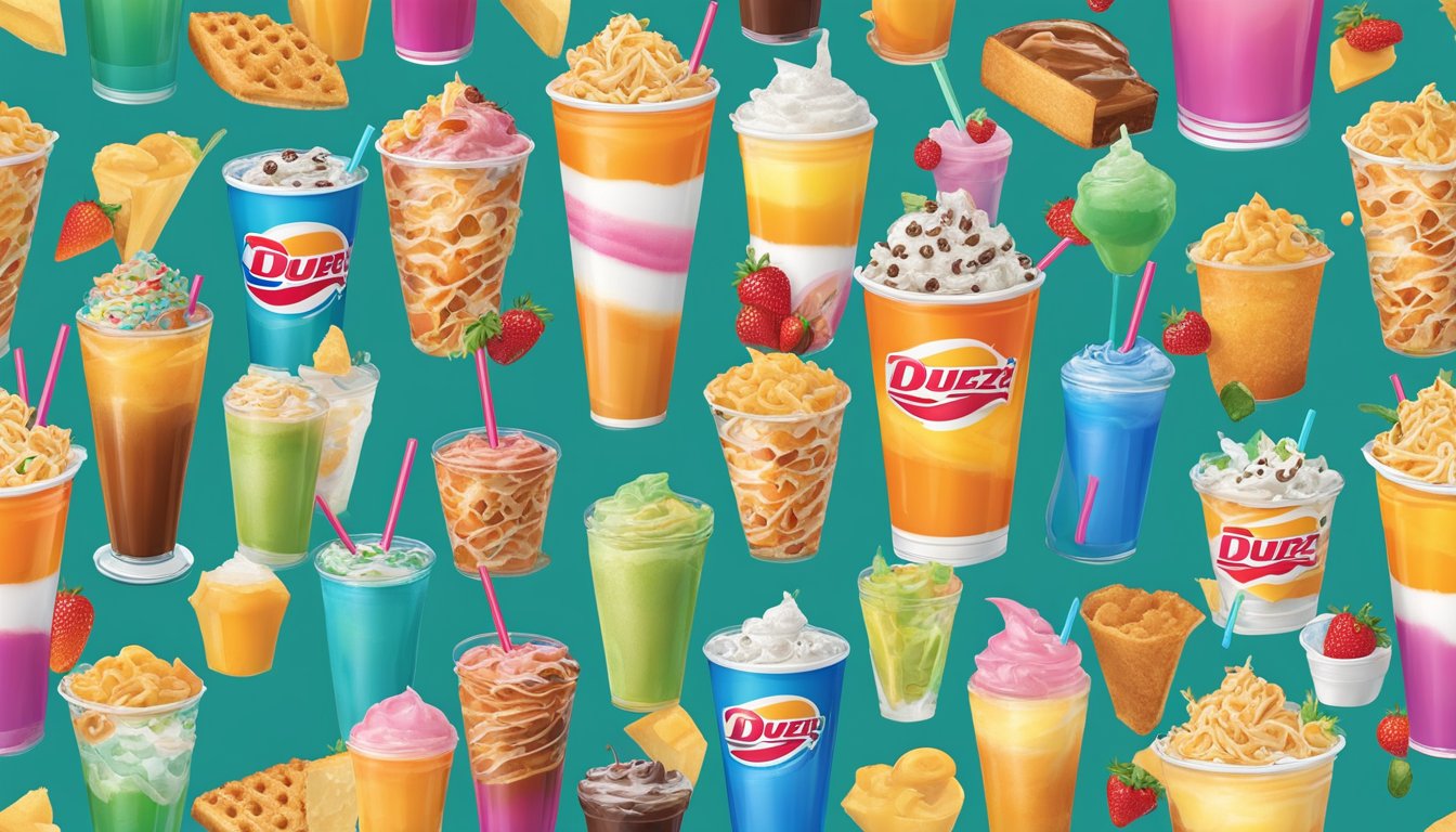 A colorful Dairy Queen Tropical Blizzard Treat surrounded by 11 sugary drinks, all with more calories than a cheeseburger