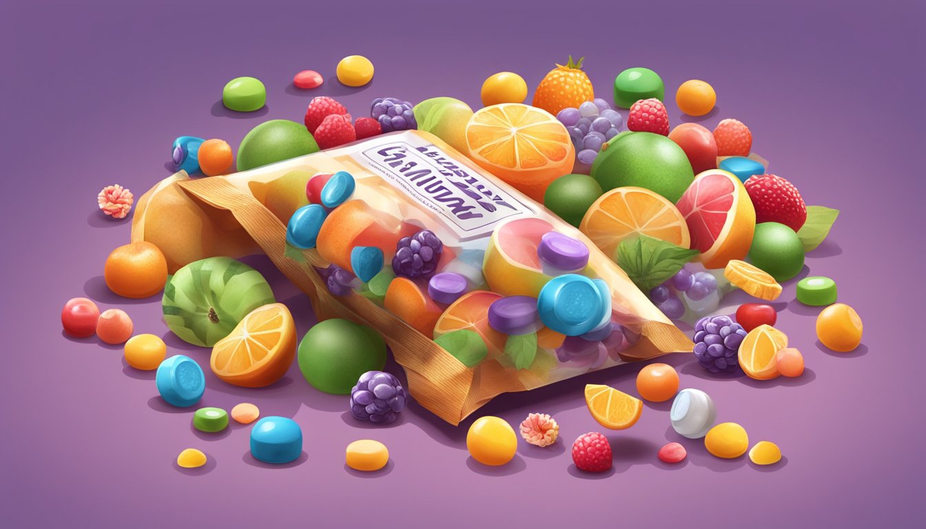 A colorful assortment of fruit-shaped candies spilling out of a "natural" labeled package, with exaggerated fruit imagery on the packaging