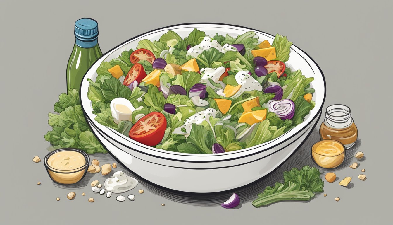 A bowl of salad overflowing with toppings, surrounded by bottles of buttermilk ranch dressing