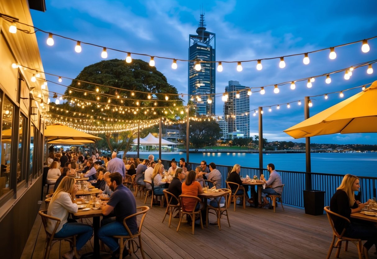 A bustling outdoor dining area with string lights, food stalls, and a waterfront view at Eat Street Northshore in Brisbane