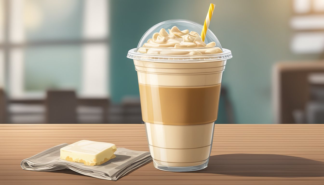 A clear plastic cup filled with a creamy, iced white chocolate mocha sits on a wooden table next to a magazine with the headline "11 'Healthy' Drinks That Pack More Calories Than a Cheeseburger."