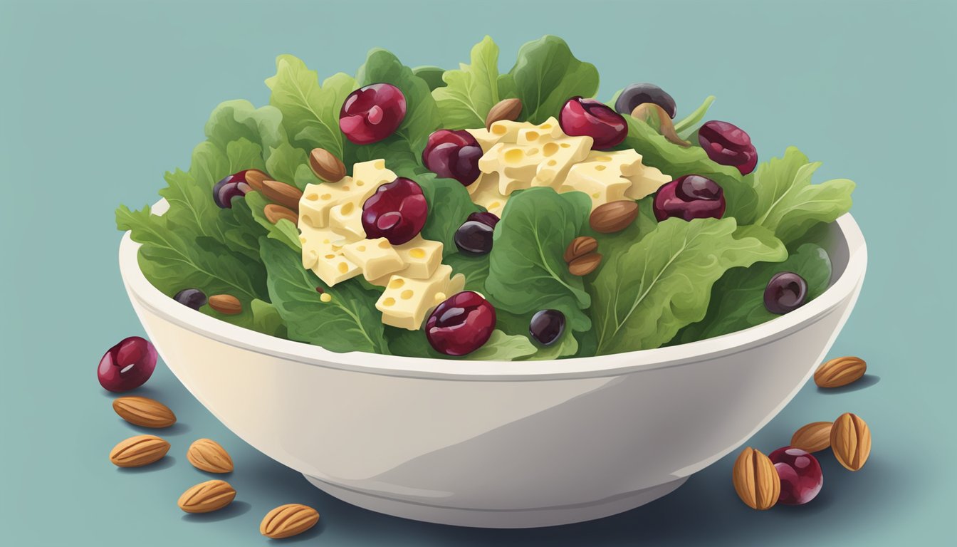 A bowl of mixed greens topped with a colorful array of dried cranberries, nuts, seeds, and cheese