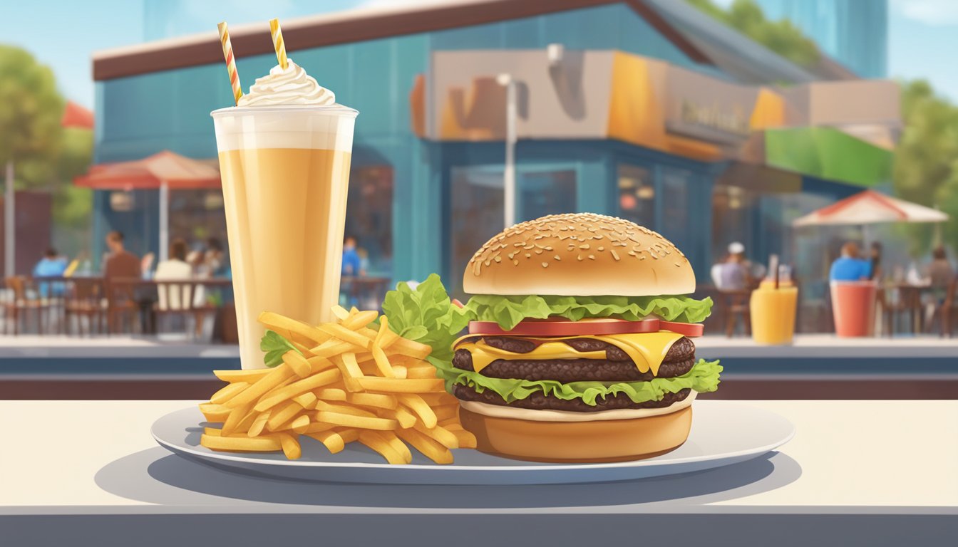 A large Jamocha Shake surrounded by high-calorie drinks, with a cheeseburger in the background