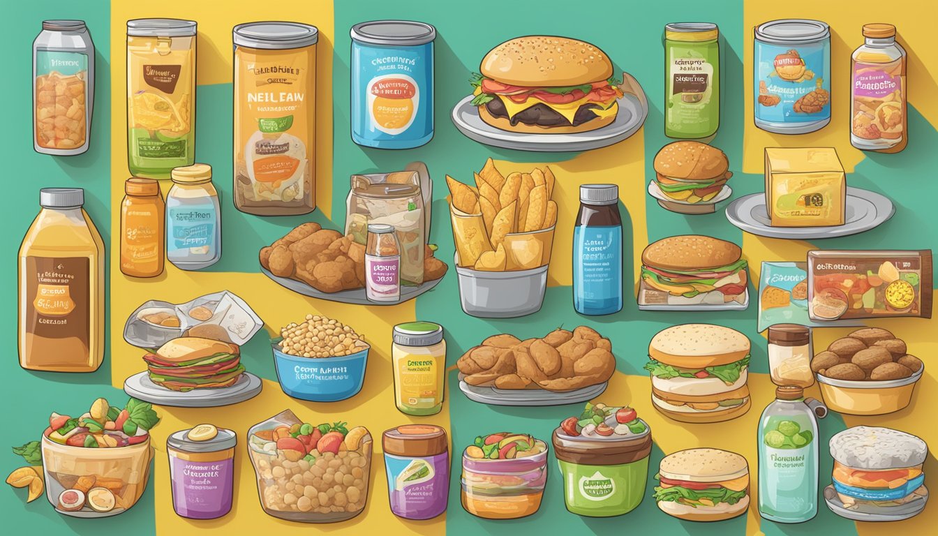 A colorful array of food items, including a variety of packaged products with "Trans Fat-Free" and "Natural" labels, surrounded by caution signs and unhealthy fats