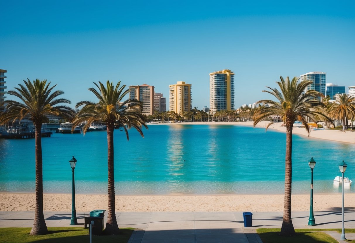 A sunny day at Streets Beach Lagoon, with palm trees, sandy shores, and clear blue water surrounded by vibrant city buildings