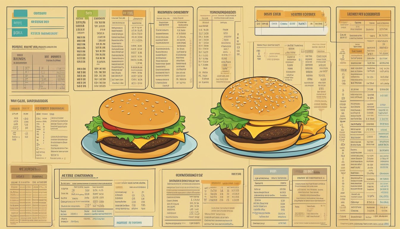 A table with a cheeseburger and 11 drinks, each labeled with their calorie content, surrounded by nutritional information charts