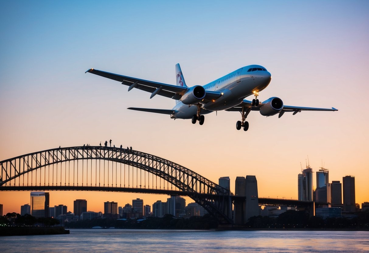 A plane flying over the Brisbane Story Bridge, with people climbing the bridge in the background