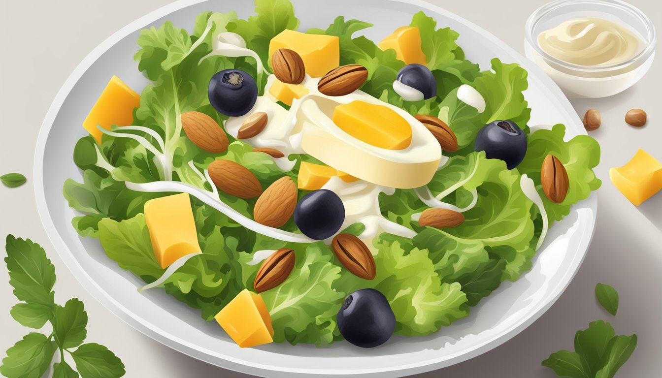 A bowl of fresh green salad topped with high-calorie ingredients like cheese, nuts, dried fruits, and creamy dressings