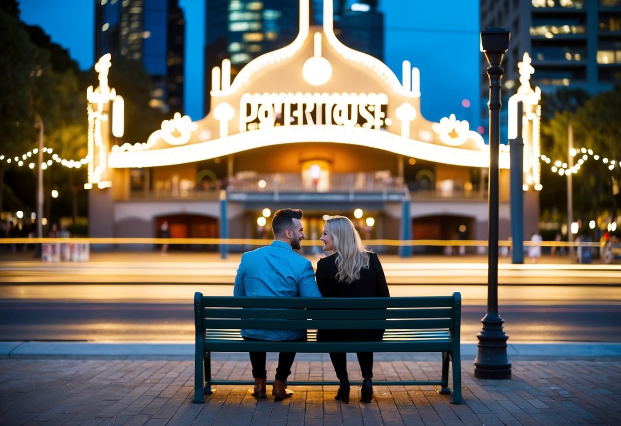 A couple sits on a bench outside Brisbane Powerhouse Theatre, surrounded by twinkling lights and the sound of live music