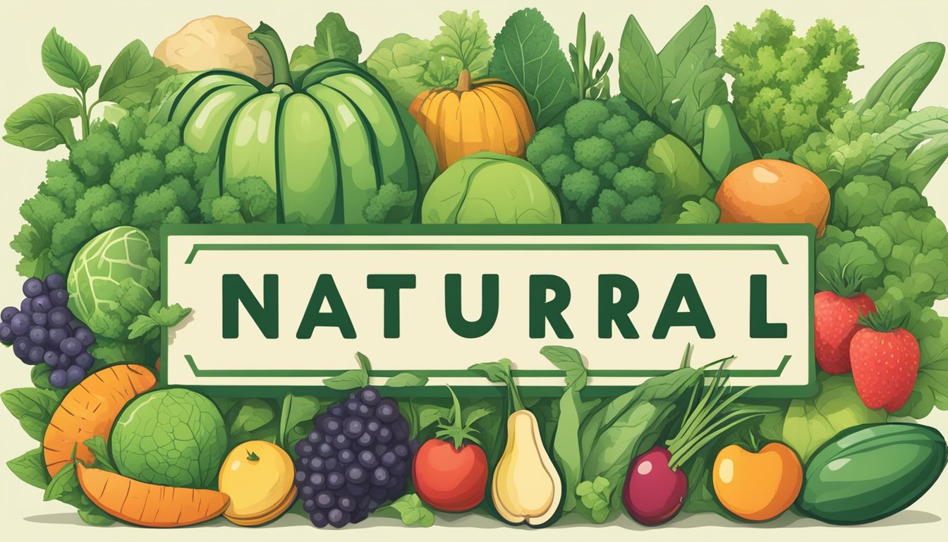 A lush green field with a variety of fruits and vegetables growing, surrounded by a label with the word "natural" in bold letters