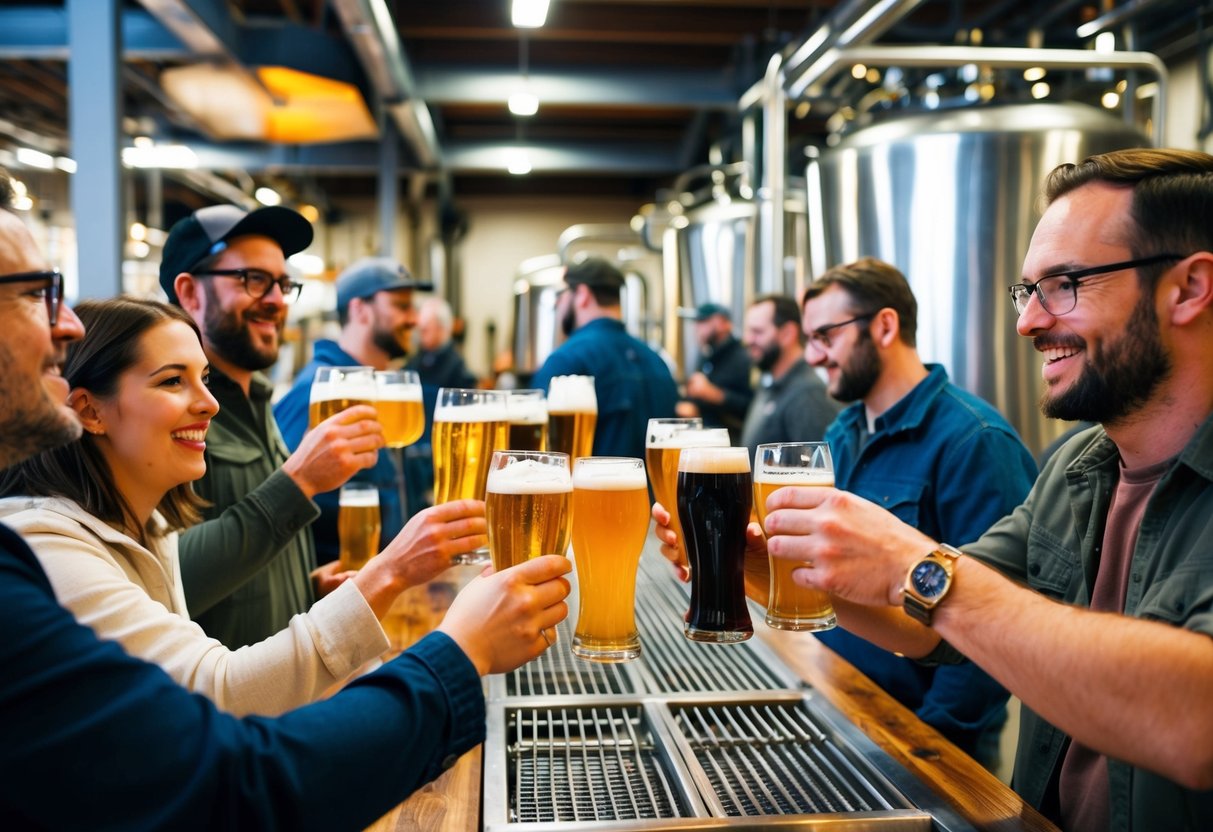 A bustling brewery tour with visitors sampling beer, observing the brewing process, and enjoying the industrial ambiance