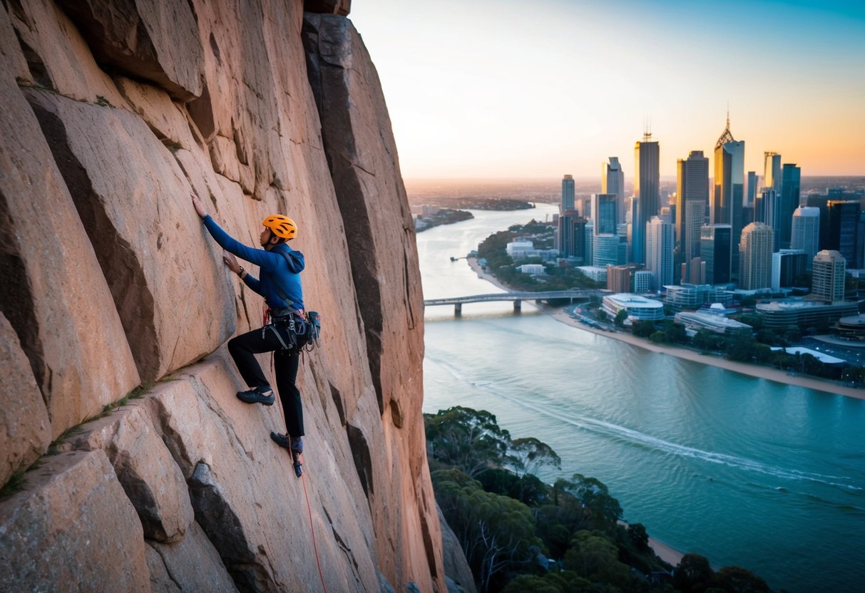 A climber ascends a rugged rock face at Kangaroo Point, overlooking the Brisbane River and city skyline