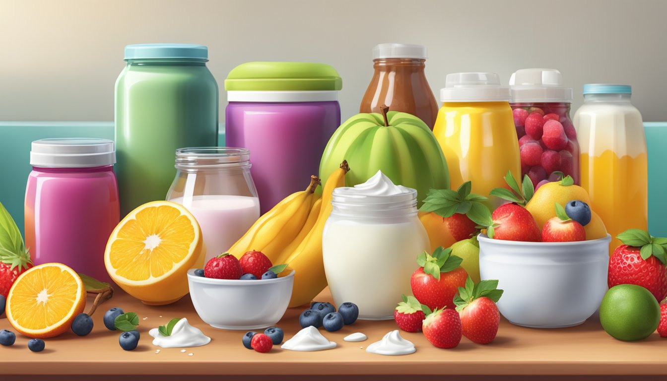 A colorful array of fresh fruits, yogurt containers, and a variety of sweeteners scattered on a kitchen counter