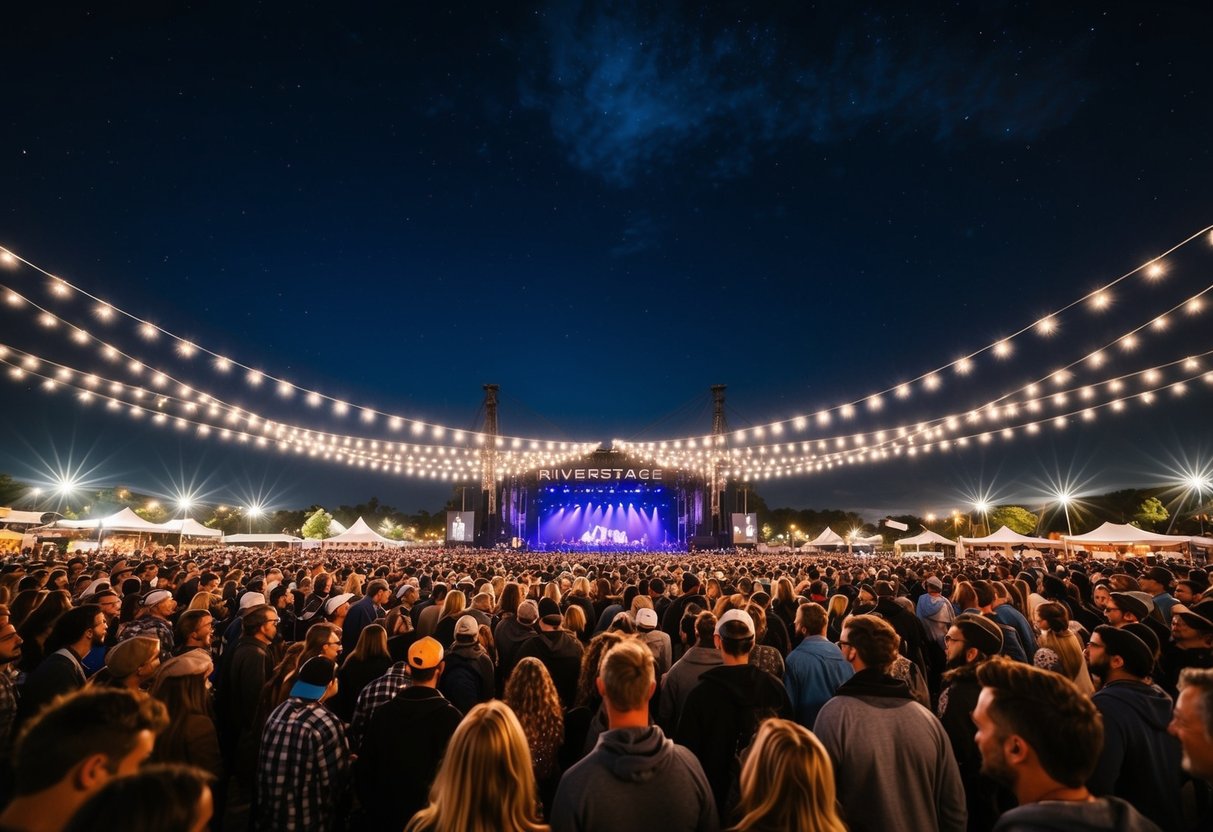 Crowds gather under the night sky at Riverstage, surrounded by twinkling lights and the sound of music filling the air