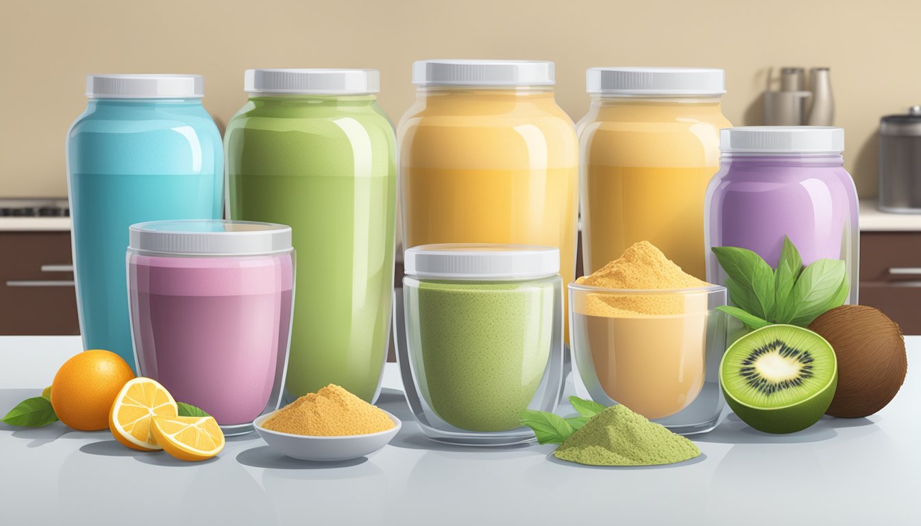 A variety of flavored protein powders and smoothie ingredients arranged on a kitchen counter