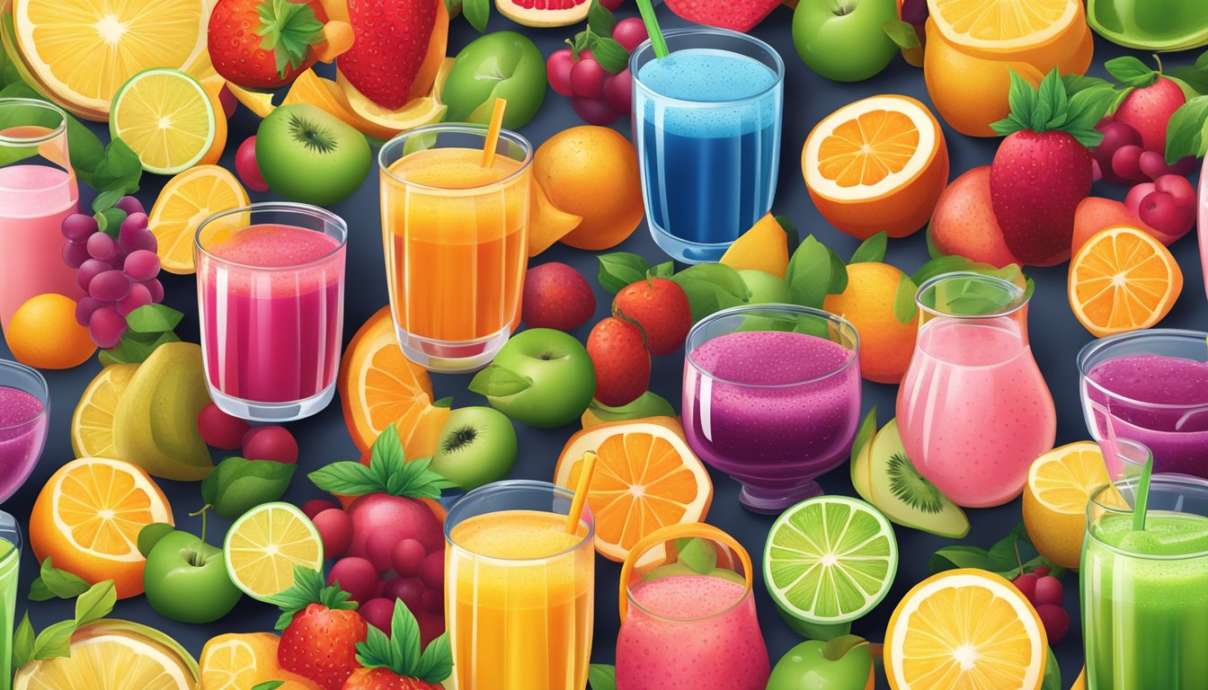 A colorful array of fruit juice concentrates surrounded by sugary smoothie ingredients