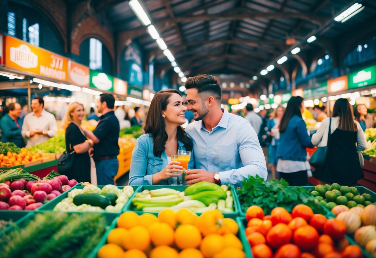 A bustling marketplace with colorful stalls and fresh produce, surrounded by happy couples enjoying a date at Brisbane Markets
