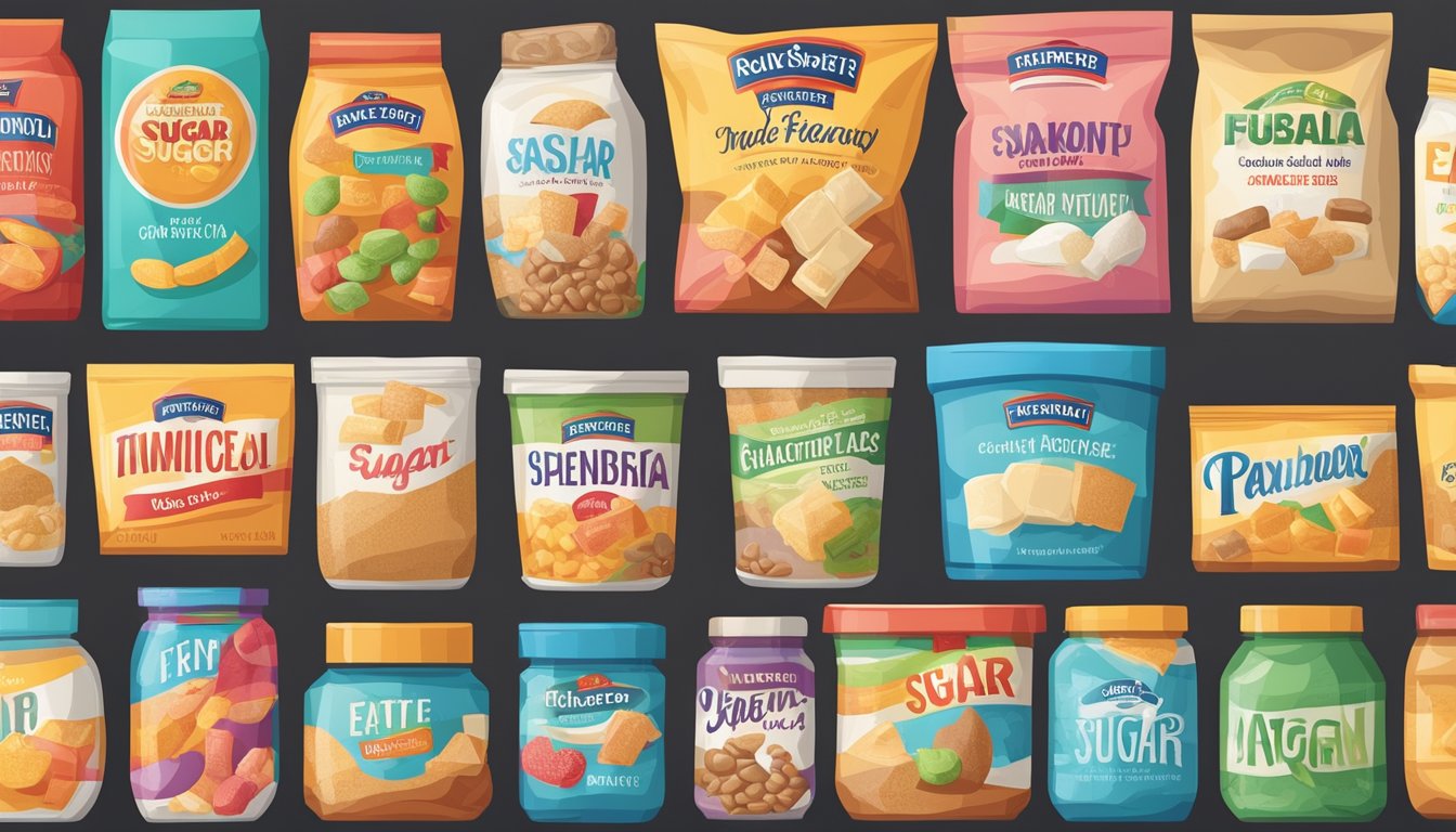 A colorful array of packaged food items with various sneaky names for sugar on their nutrition labels