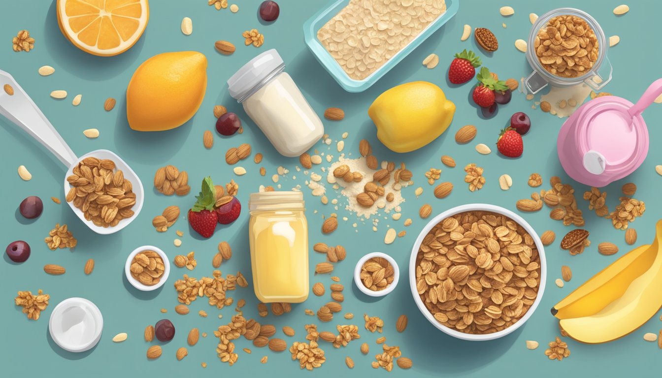 A cluttered kitchen counter with spilled granola, sugary fruit, and processed protein powder