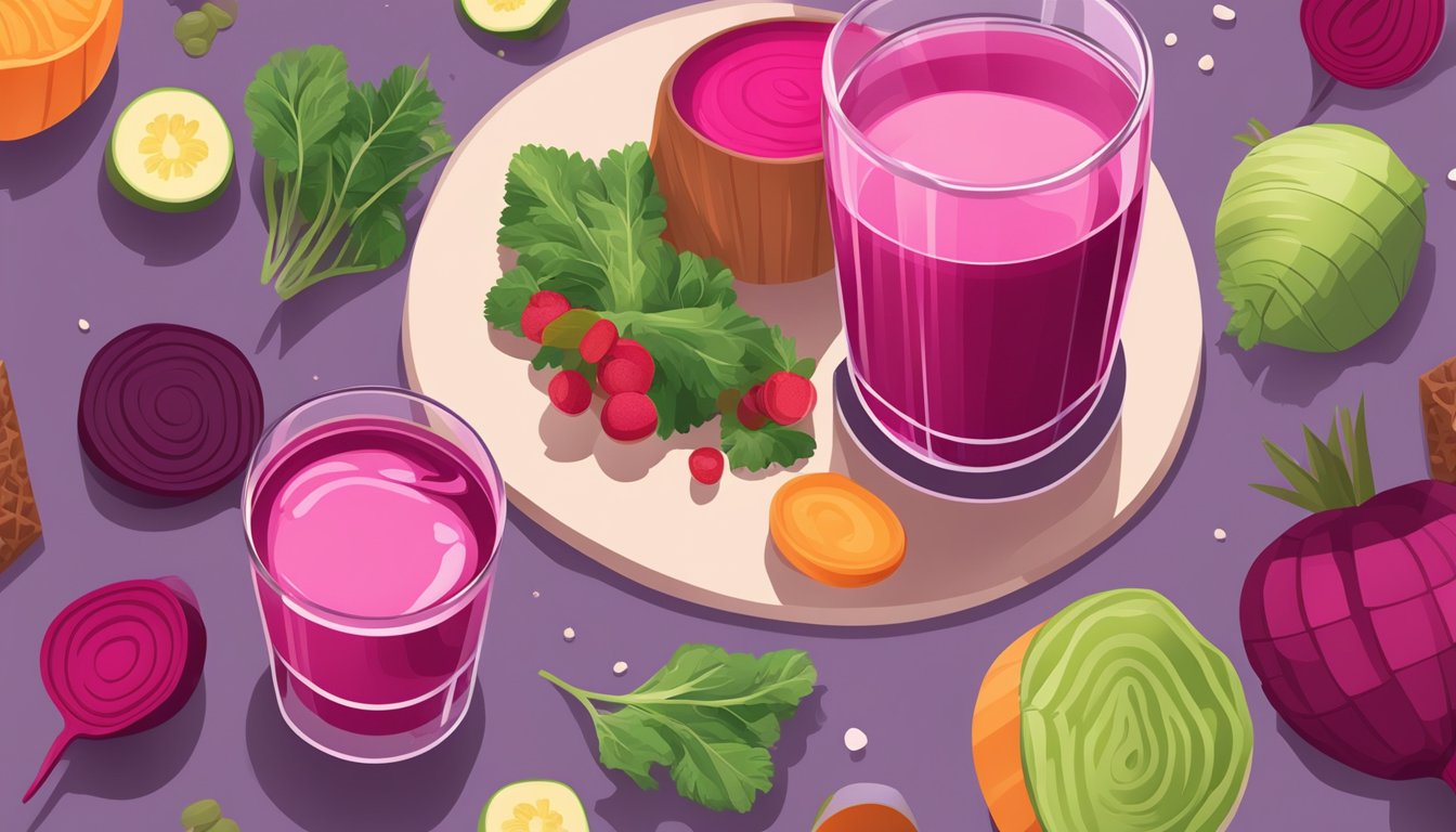 A glass of beet juice surrounded by unhealthy sweeteners and processed foods